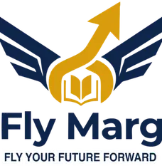 Official logo of Fly Marg, a Sirsa, Haryana based consultancy offering study visa, work visa, tourist visa, family visa and education loan guidance for UK, Canada, Australia, USA and Europe. The logo features navy blue wings with a golden upward arrow above an open book, with the tagline "Fly Your Future Forward".