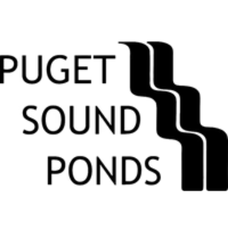 Official logo of Puget Sound Ponds, a Pacific Northwest company offering new pond installation, pond maintenance and repair, and premium pond supplies including pumps, filters, UV clarifiers, lighting and aquatic plants. The black logo shows the company name in bold text beside a stylized waterfall-step design.